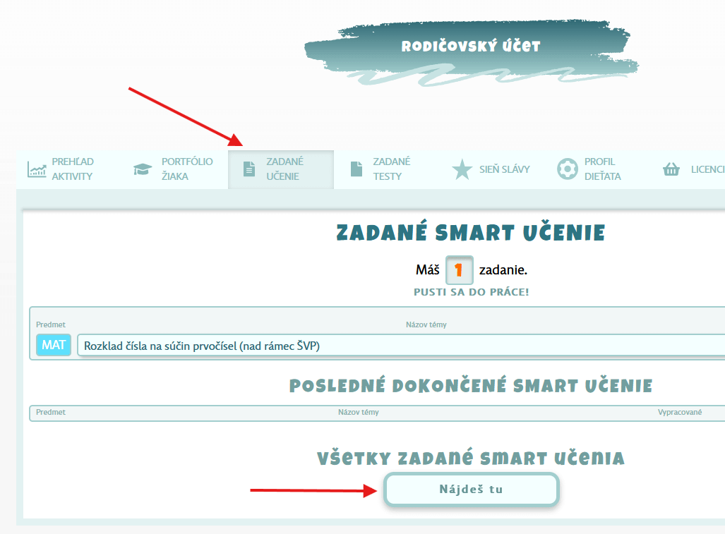 Rodičovský účet - zadané učenie